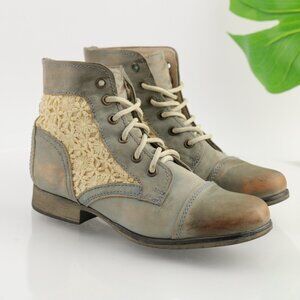 Steve Madden Womens Thunder Boots Size 6.5 Blue Leather Lace Up Distressed Boho